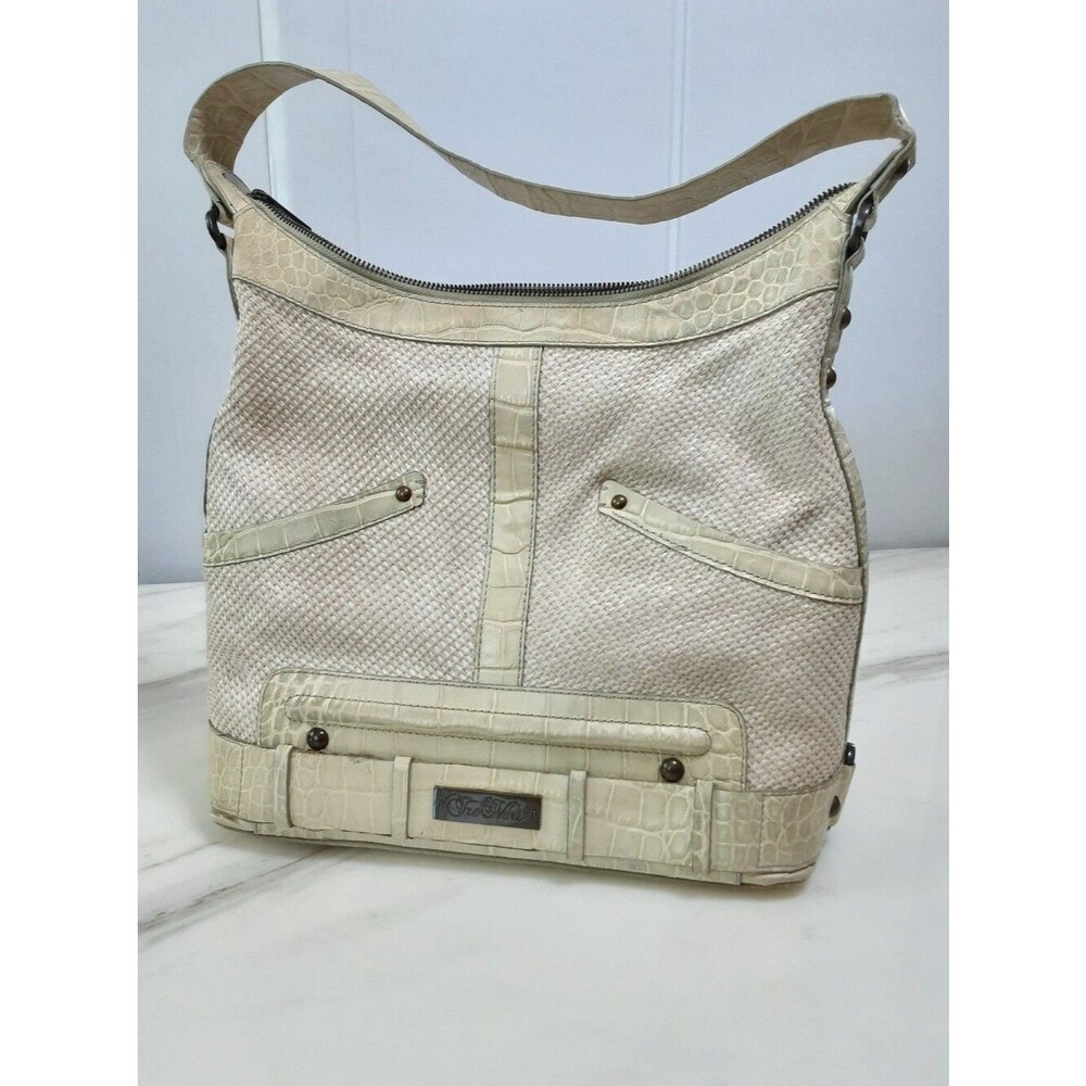 TRE VERO PALE GREEN EMBOSSED LEATHER NATURAL STRAW SHOULDER BAG